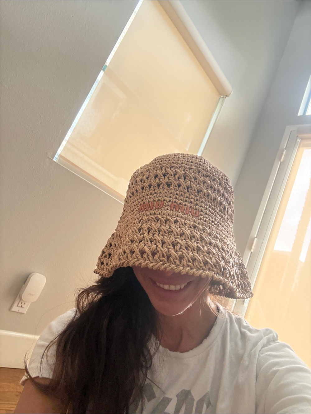 Miu Miu Tan Crochet Bucket Hat with Brown Logo - Picture 9 of 9